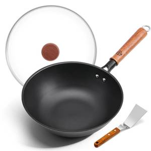 lot 3696 image: WANGYUANJI 10 Inch Small Carbon Steel Wok Pan with Glass Lid, Lightweight Flat Bottom Stir Fry Pan, Nitrided No Chemical Coating Wok for Induction, Gas & Electric, 1��2 Servings