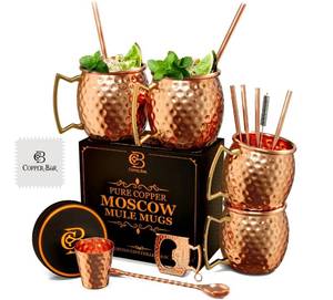 lot 3711 image: COPPER-BAR Moscow Mule Copper Mugs - Unique HANDCRAFTED Gift Set of 4, Hammered by Artisan, 100% Pure Solid Copper Cups 16oz for Drinking Water & Cocktails, Include 19 Pcs accessories & Special Opener
