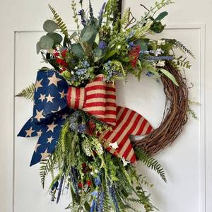 lot 3720 image: Suncalla Patriotic Wreath for Front Door Red White Blue Flowers Outdoor 250th Anniversary 4th of July American Flag Bow Wreath for Independence Day Memorial Day Inside Outside Home Decor