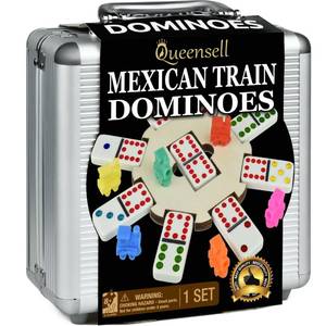 lot 5895 image: Queensell Mexican Train Dominoes Set with Wooden Hub, Domino Tile Board Games - Double 12 Dominos Set for Family Game Night for Adults and Kids Ages 8 and up (Double 12)