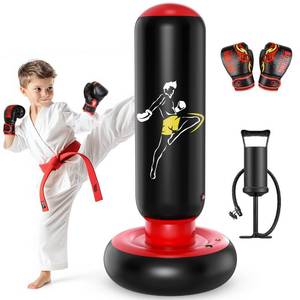 lot 5904 image: QPAU Kids Punching Bag Toy with Boxing Gloves, 66 Inch Larger Stable Kids Inflatable Boxing Bag Set, Gifts for Boys & Girls Age 6-12, for Practicing Karate, Taekwondo, MMA