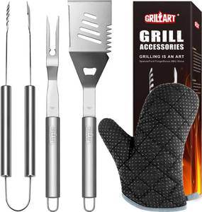 lot 6341 image: GRILLART Grill Tools Grill Utensils Set - 3PCS BBQ Tools, Stainless Barbeque Grill Accessories -SpatulaTongsFork wInsulated Glove, Ideal BBQ Set Grilling Tools for Outdoor Grill, Gifts for Men Dad