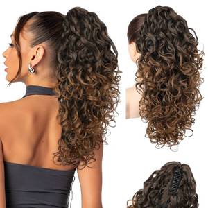 lot 6355 image: Flufymooz 100�� Pure Protein Ponytail Extension, 18 Inch Curly Claw Clip Ponytail Hair Extensions Natural Soft pony tail hairpiece for women-Dark Almond Brown with Copper