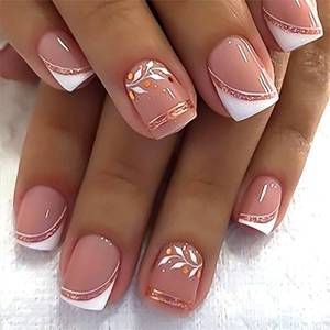 lot 6375 image: Mivota French Press On Nails Short Square, Nude Fake Nails with White French Tip and Elegant Purple & Gold Line Design, Glossy Gel Finish Acrylic Nails Kit for Women, Reusable Glue-On Nails Set, 24Pcs