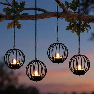 lot 6398 image: Edenseelake Solar Hanging Lanterns Outdoor Waterproof, Metal Ball Candle Holder with Flickering Solar Powered, Chargeable Solar Lights for Backyard Patio Garden Fence Tree Decoration, 4 Pack