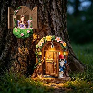 lot 6400 image: Exasinine Resin Fairy Door and Windows with Gnome Statue for Yard Garden Sculpture Lawn Ornament Outdoor Decor
