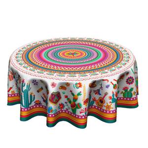 lot 6401 image: Granbey Colorful Mexico Round Table Cloth - Mexican Floral Tablecloth Cactus Stripes Lines Native Art Table Cover for Kitchen Party Picnic Dining Decor 60 Inch
