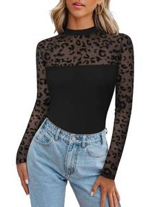 lot 6405 image: Zeagoo Womens Long Sleeve Tops Black Leopard Crew Neck Sexy Mesh Lace Shirts Party Club Night Black Elegant Tee Blouse size M