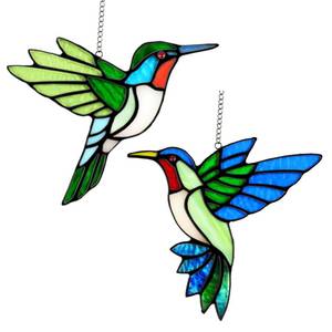 lot 8290 image: 2 Packs Hummingbird Stained Glass Window Hanging Suncatchers - 6 Inch Handmade Real Glass with Copper Foil Edges, Bird Safe Gifts for Women Mom Grandma Bird Lovers(Suction Hooks Included)