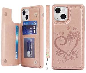 lot 8334 image: iCoverCase Compatible with iPhone 13 Wallet Phone Case with Card Holder for Women, RFID Blocking Embossed PU Leather Wrist Strap Case 6.1 Inch (Heart Rose Gold)