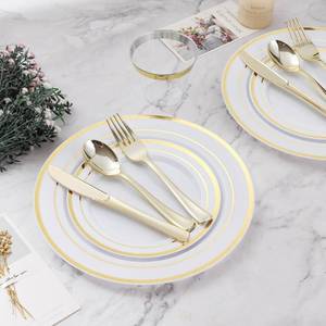 lot 9630 image: BESTVIP 600PCS Gold Dinnerware Set for 100 Guests, Plastic Plates for Party, 100 Gold Disposable Plates, 100 Dessert Plates, 100 Cups, 100 Spoons, 100 Forks and 100 Knives