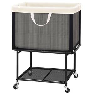 lot 9632 image: STO STO Rolling Laundry Hamper with Lockable Wheels, 29-Gallon (110L) Laundry Cart with Removable Canvas Bag, 2-Tier Clothes Basket Hamper with Shelf for Closet, Bedroom, Bathroom, Laundry Room, Beige