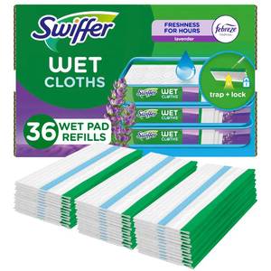 lot 9635 image: Swiffer Sweeper Wet Mopping Cloth Multi Surface Refills, Mops for Floor Cleaning, Febreze Lavender Scent, 2.3 containers