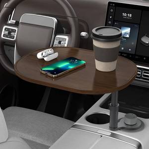 lot 9648 image: Car Desk Car Tray for Laptop & Food, Wood Cup Holder Table with Adjustable Height, Car Accessories for Women & Men 360° Rotatable Steering Wheel Tray for Tesla Model Y3S, Most Vehicles (Walnut-Oval)
