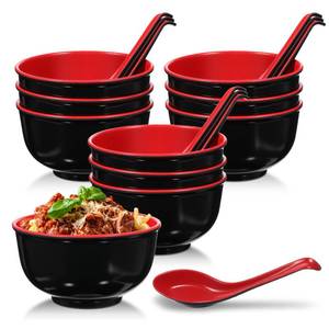 lot 9651 image: Nodaaiie 10 Pack Miso Soup Bowl Set with Spoons, 16 Oz Unbreakable Melamine Japanese Ramen Bowls, BPA-Free, Dishwasher Safe, for Udon, Pho, Salad, and Cereal