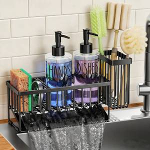 lot 9652 image: MASADI Kitchen Sink Caddy with Dish Soap Dispenser Set, 12OZ Glass Bottle, Hand and Dish Soap Dispenser Set, Non-Slip Silicone Pad, Brush Holder, Kitchen Sink Organizer Countertop (BlackClear)