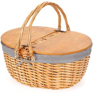 lot 9685 image: Wicker Picnic Basket with Liner, Wooden Split Lid Picnic Basket, Vintage-Style Picnic Hamper with Folding Woven Handle for Picnic, Camping, Outdoor, Valentine Day, Thanks Giving, Birthday (Grey)