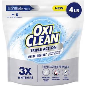 lot 10045 image: OxiClean Triple Action White Revive Laundry Whitener and Stain Remover Powder, Use with Detergent, Whitens and Brightens Clothes, Removes Tough Stains, Color Safe, Chlorine Free, 4 lbs