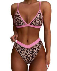 lot 10057 image: SUUKSESS Women Triangle High Cut Bikini Sets Sexy High Waisted Color Block Two Piece Swimsuits Push Up Bathing Suits(Leopard Pink,S)