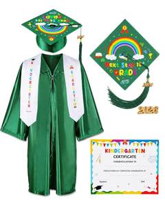 lot 10069 image: Vivrerizo Kindergarten Graduation Cap and Gown - Green Kids Preschool Cap and Gown with Stole and Certificate for 2026 Graduation Outfit