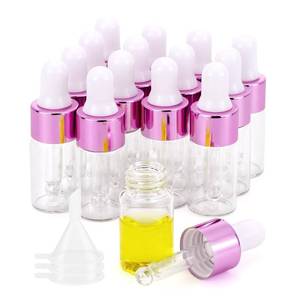 lot 10080 image: Kesell 15Pcs 3ml Refillable Clear Glass Essential Oil Dropper Bottles Mini Glass Vials with Eye Dropper Perfume Cosmetic Sample Storage Containers, Pink Aluminum Cap