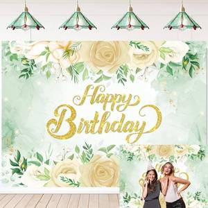 lot 10084 image: Greenery Happy Birthday Backdrop Sage Green Glitter Gold Eucalyptus Leaves White Rose Flower Photography Background for Girl Birthday Party Decorations Supplies (82x59 inch (7x5FT))