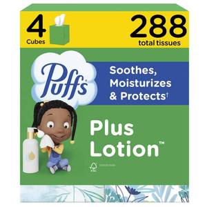 lot 11580 image: Puffs Facial Tissues Plus Lotion, 4 Mega Cube Boxes, 72 Facial Tissues per Box, Allergies and Colds (Packaging May Vary)