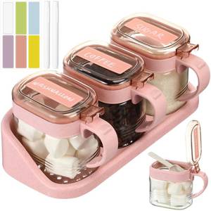 lot 11589 image: Suclain 3 Pcs Sugar Coffee Container Set 16 oz Glass Condiment Jar Spice Container Coffee Station Organizer Set with Label Stickers Scoop for Bean and Sugar Candy, Oats, Nuts(Pink)