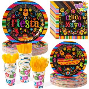 lot 11590 image: JOYIN 168 Pcs Fiesta Party Decorations, Mexican Theme Paper Plates and Napkins Set for 24 Guests, Cinco De Mayo Colorful Mexico Platters Tableware Set, Mayo Dance Pinata Taco Colorful Theme Party