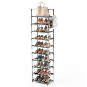 lot 11638 image: LANTEFUL 10 Tiers Tall Shoe Rack 20-25 Pairs Boots Organizer Storage Sturdy Narrow Shoe Shelf for Entryway, Closets with Hooks, Grey