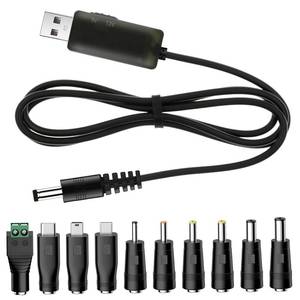lot 12247 image: YiKaiEn USB to DC 9V 12V Charging Cable, Universal Power Cord for Toys,Watches,Speaker,Camera,Monitor,Table Lamp,Phones,LED Light Strip, Router, DC 5.5 x 2.1mm with 10 Connector 3.3FT