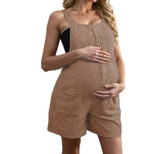 lot 12270 image: Womens Maternity Knit Overalls Shorts Solid Color Ribbed Sleeveless Pregnancy Jumpsuits with Pockets (Khaki, S)