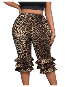 lot 12271 image: WDIRARA Womens Plus Size Leopard Print Layered Ruffle Skinny Capri Pants Stretch Elastic Waist Leggings Brown X-Large Plus