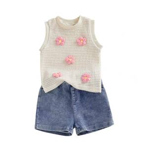 lot 12274 image: YINGISFITM Toddler Girl Clothes Baby Summer Waffle Knit Tank Top Sleeveless Shirt Jeans Shorts Floral Outfit Girls Clothing (Cream solid floral, 6-12 Months)