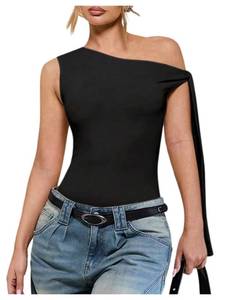 lot 12277 image: GORGLITTER Womens Asymmetrical Top Bodysuit Tie Knot Sleeveles One Shoulder Tops Leotards Jumpsuit Black Small