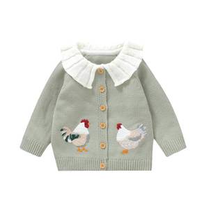 lot 12285 image: Baby Girl Cardigan Knit Sweater Animal Embroidery Chunky Coat Doll Collar Knitwear Toddler Infant Spring Clothes (Rooster-Green, 9-12 Months)