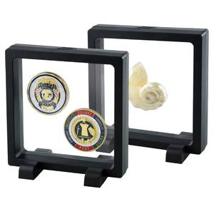 lot 12318 image: Challenge Coin Display Case, 4.3 H Coin Display Frame, Clear 3D Floating Holders, Small Shadow Boxes for Medal, AA Medallions, Jewelry, Challenge Coins, Black, Set of 2