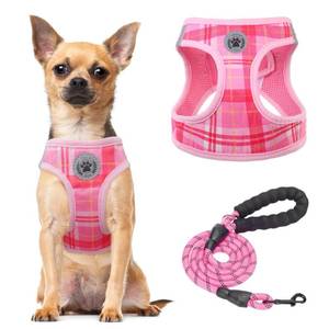 lot 12351 image: BEAUTYZOO Small Dog Harness and Leash Set, Step in No Choke No Pull Soft Mesh Dog Harnesses Reflective for Small Medium Puppy Dogs and Cats, Plaid Dog Vest Harness for S M Pets, Light Pink S