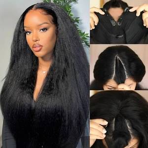 lot 12353 image: Prtyopp V Part Wig Human Hair Kinky Straight 22 Inch V Part Wig Yaki Straight Clip in Half Wigs for Black Women Human Hair Glueless No Leave Out 180% Density Natural Color