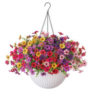 lot 13402 image: HyeFlora Artificial Faux Hanging Flowers Plants Basket for Outdoor Outside Decoration, Fake Silk Colorful Daisy in Planter for Porch Patio Garden Yard Home