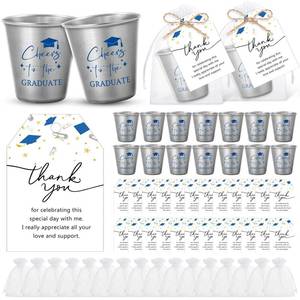 lot 14054 image: Maxcheck 30 Sets Graduation Gifts Cheers to the Graduate Stainless Steel Shot Glasses with Thank You Cards and Gift Bags Graduation Party Favors Supplies for Teacher Classmates Family(Blue)