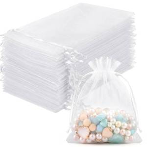 lot 14063 image: FUNFERY 100 Pcs White Organza Bags 3x4 in, Small Mesh Drawstring Gift Bags for Sachet, Jewelry, Wedding Favor, Candy Goodie Treat Bag,Easter Day