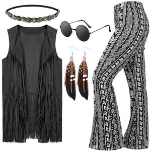 lot 14064 image: Leumoi 5 Pcs 60s 70s Costumes for Women Disco Outfits Hippie Accessories Fringe Vest Boho Flared Pant for Halloween Carnival(Large,Black)