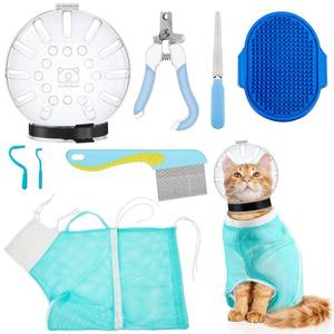 lot 14076 image: 8 Pcs Cat Muzzle Set with Adjustable Cat Bathing Bag Breathable Clear Muzzle Pet Grooming Brush Tick Remover Tool Nail Clipper Nail File for Dog, Bunny Cleaning Trimming(L Size,Blue)