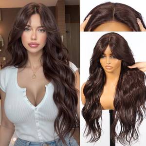 lot 14100 image: KOME Brown Synthetic Lace Front Wig,Beginner Friendly Wigs T Part Glueless Long Curly Wavy Wigs With Bangs for Women Cosplay Daily Use 28IN(#233)