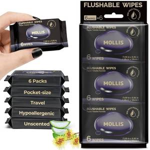 lot 14104 image: MOLLIS Flushable Feminine Wipes with Witch Hazel & Vitamin E, Unscented & Alcohol-Free, Travel Size Mini Packs, 100% Plant-Based, Sewer & Septic Safe, 6 Packs (36 Wipes Total)