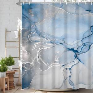 lot 14132 image: Velaequezii Blue Silver Crack Marble Abstract Shower Curtain Modern Ombre Printed Bath Curtain Waterproof Washable Fabric Bathroom Bathtub Decor Shower Curtain Set with Hooks 72x72 Inch