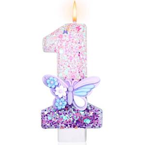 lot 14163 image: Conelist Butterfly 1 Candle for First Birthday Purple Number 1 Candle Butterfly One Glitter Cake Topper for 1st Birthday Party Supplies Anniversary Decorations