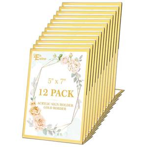 lot 19871 image: EHWINE 12 Pack 5 x 7 Acrylic Sign Holder, Clear Plastic Signs Display Stand, Gold Slanted Back Paper Holder Stand up Table Top Sign Holders Flyer Stand Frames Suitable for Office Business Store (6 ONLY)