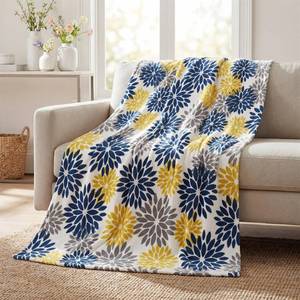 lot 19895 image: Horaldaily Blue Yellow Grey Dahlia Pinnata Flannel Blanket Throw, Spring Summer Floral Soft Fuzzy Plush Cozy Fleece Blanket for Couch Sofa Bed Lounging, Ideal Gifts for Kids Adults Self, 60x80